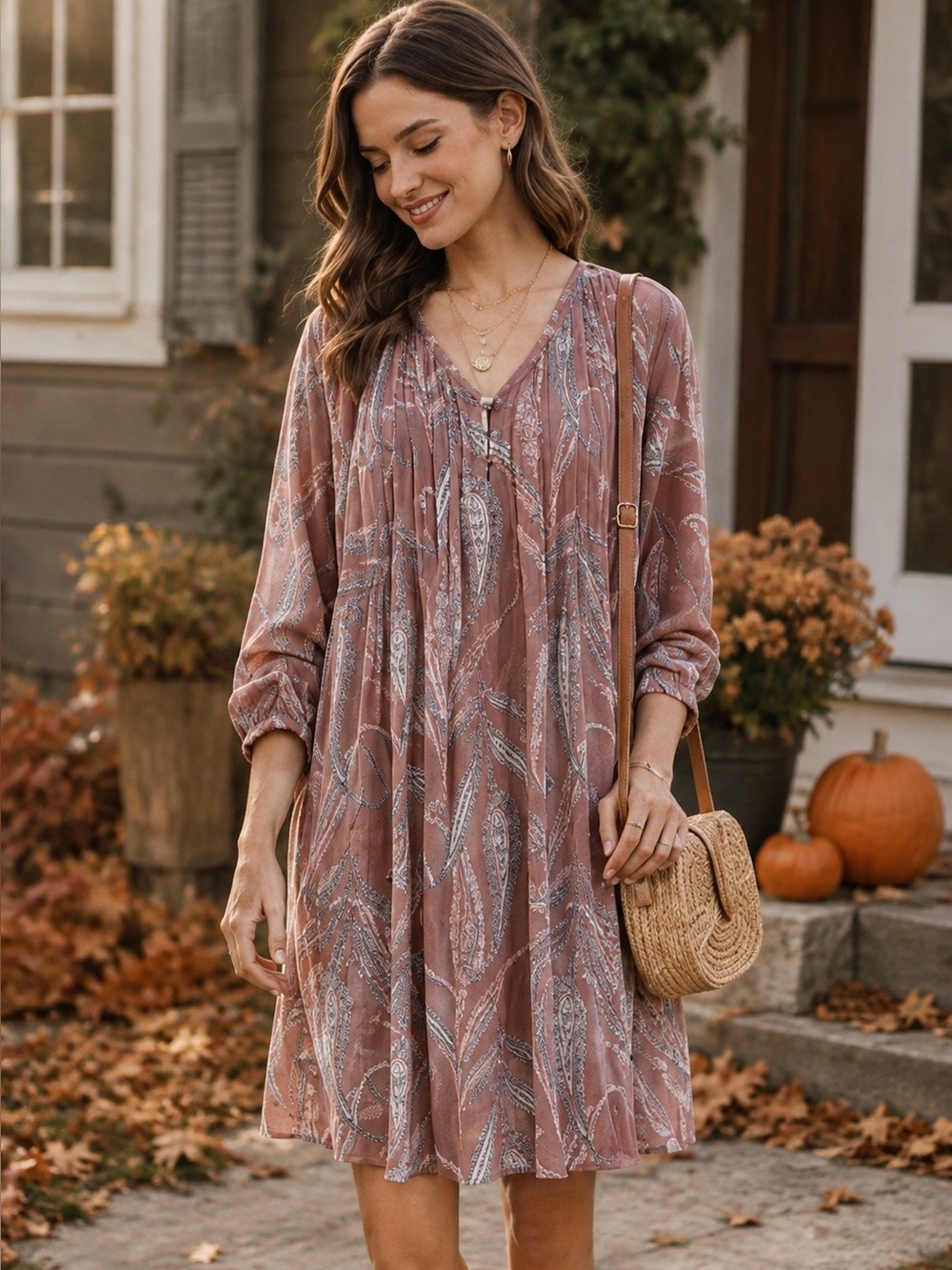 LOFT Outlet Dusty Rose Paisley Dress Long Sleeve Boho Spring Shift Romantic